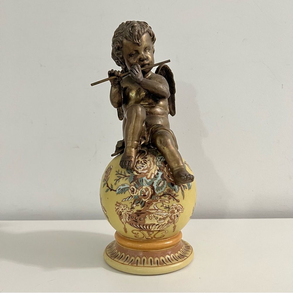 Bronze Cherub Playing Flute on Floral Globe Figurine Statue
